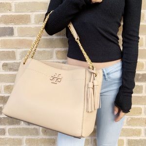 Tory Burch Beige Leather Tote with Gold Chain